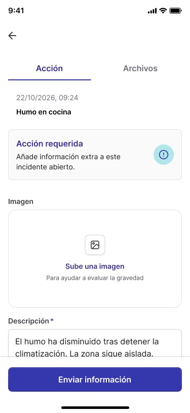 Acción para añadir información al incidente Humo en cocina, con imagen, descripción y botón Enviar información