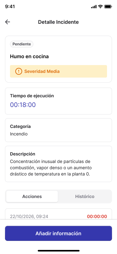Detalle de la incidencia Humo en cocina en la app del responsable